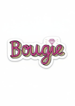 Sticker with the word 'Bougie' in pink and gold on a white background