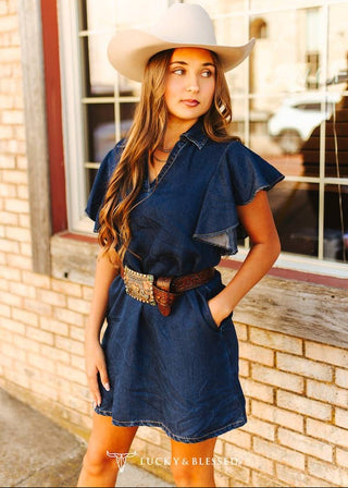 🌵 Dark Wash Ruffle Denim Mini Dress