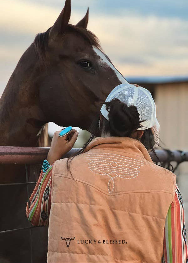 Puffer Vest with Aztec Lining and Boot Stitch Detail