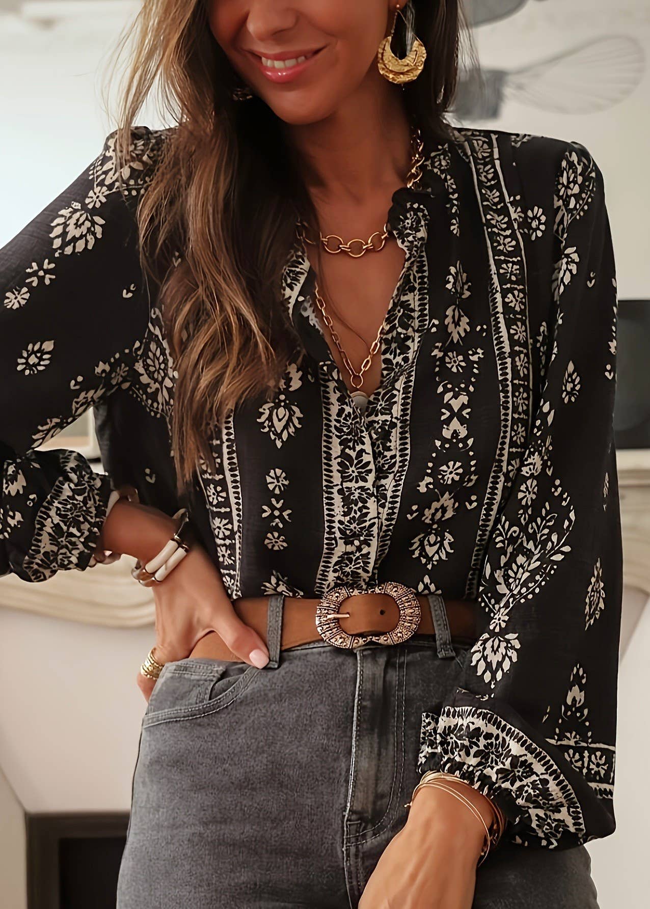 🖤 Retro Rhythm: Bohemian Floral Geometric Print Blouse (Available Feb. 6)