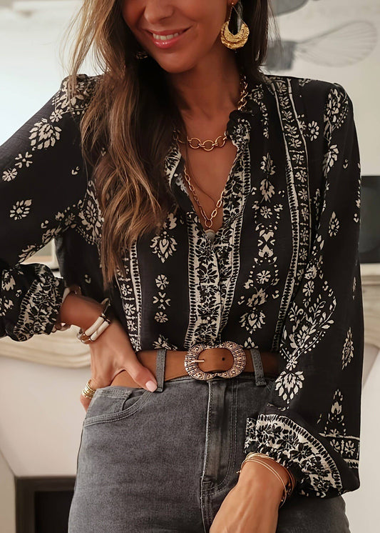 🖤 Retro Rhythm: Bohemian Floral Geometric Print Blouse