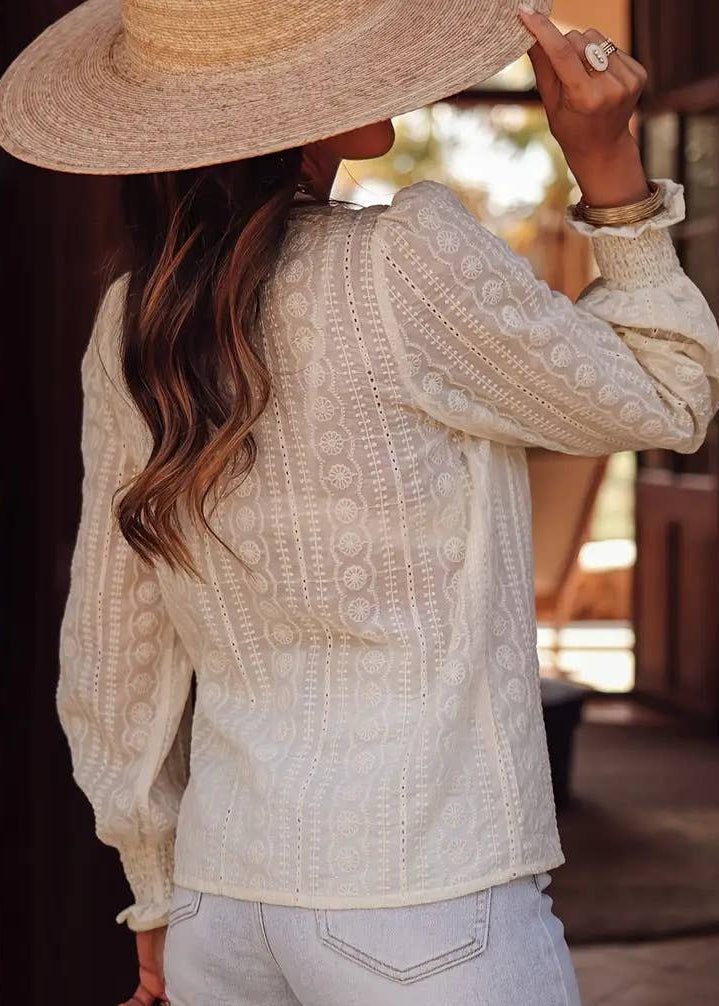 🌼 French Chill: Ecru Floral Embroidered V-Neck Blouse (Available Feb. 6)