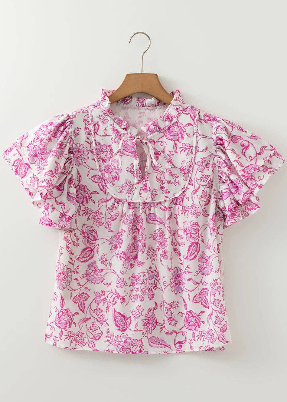 🌺 Petal Whimsy: Ruffle Tie-Neck Flutter Blouse