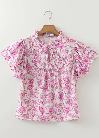 Pink Baroque Floral Ruffle Sleeve V Neck Blouse Top