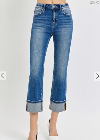High Rise Ankle Straight Cuffed Jeans