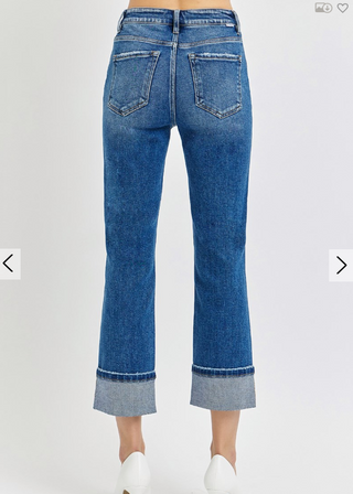 High Rise Ankle Straight Cuffed Jeans