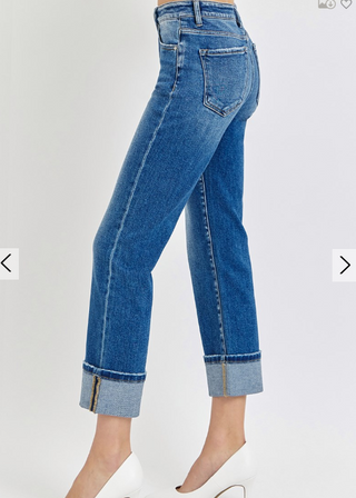 High Rise Ankle Straight Cuffed Jeans