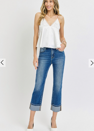 High Rise Ankle Straight Cuffed Jeans