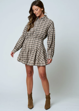 Plaid Collared Long Sleeve Basque Waist Mini Dress