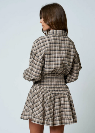 Plaid Collared Long Sleeve Basque Waist Mini Dress