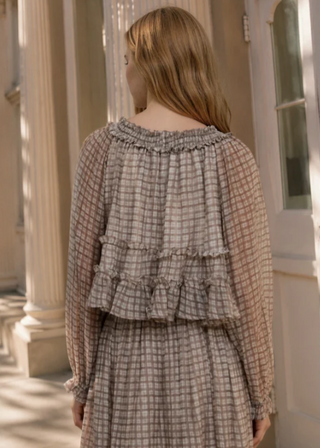 Plaid Smocked Neckline Front Tie Puff Sleeve Top