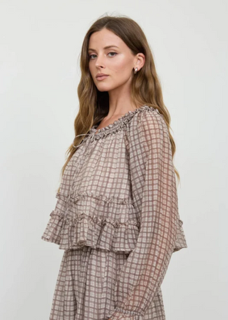 Plaid Smocked Neckline Front Tie Puff Sleeve Top