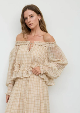 Plaid Smocked Neckline Front Tie Puff Sleeve Top