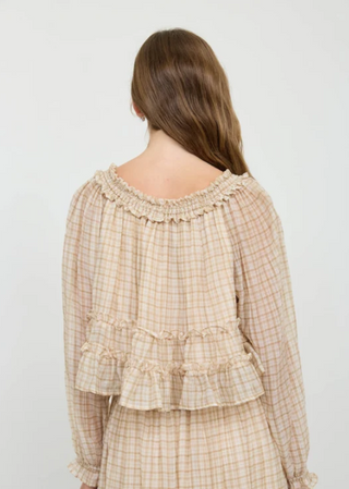Plaid Smocked Neckline Front Tie Puff Sleeve Top
