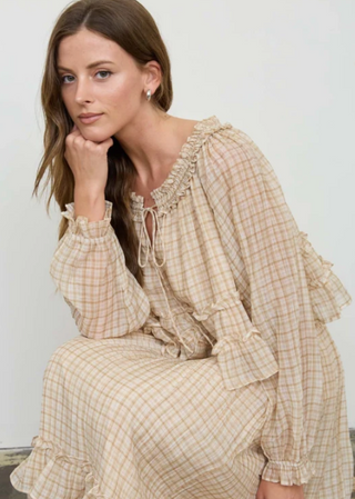 Plaid Smocked Neckline Front Tie Puff Sleeve Top