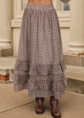 Plaid Riffled Tiered Hem Midi Skirt