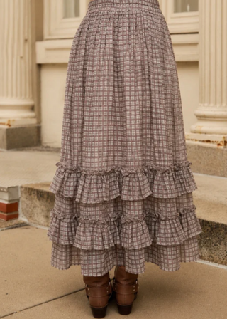 Plaid Riffled Tiered Hem Midi Skirt