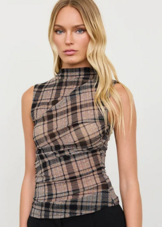 Plaid Mock Neck Ruched Sleeveless Mesh Knit Top