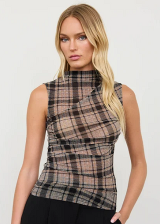 Plaid Mock Neck Ruched Sleeveless Mesh Knit Top