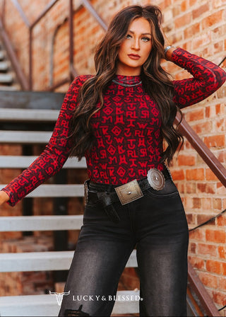🔥 Red Graphic Mesh Western Top – Statement Cowgirl Style