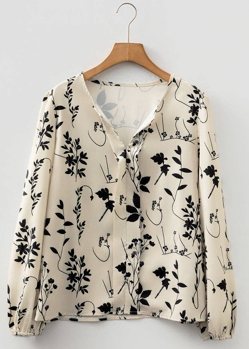 🌿 Whisper Bloom: Botanical Split-Neck Blouse