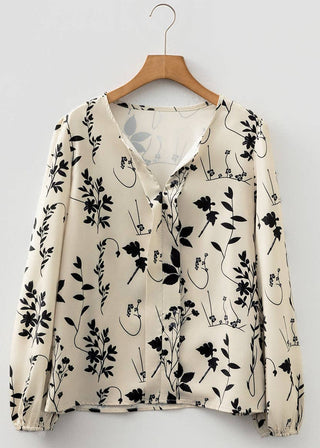 🌿 Whisper Bloom: Botanical Split-Neck Blouse