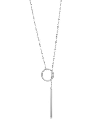 Silver necklace with a circular pendant and a hanging bar on a white background