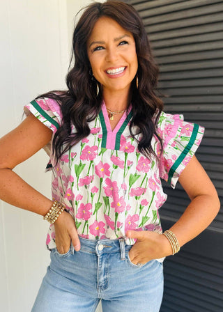 🌸 Garden Stripe: Ruffle Sleeve Floral Blouse