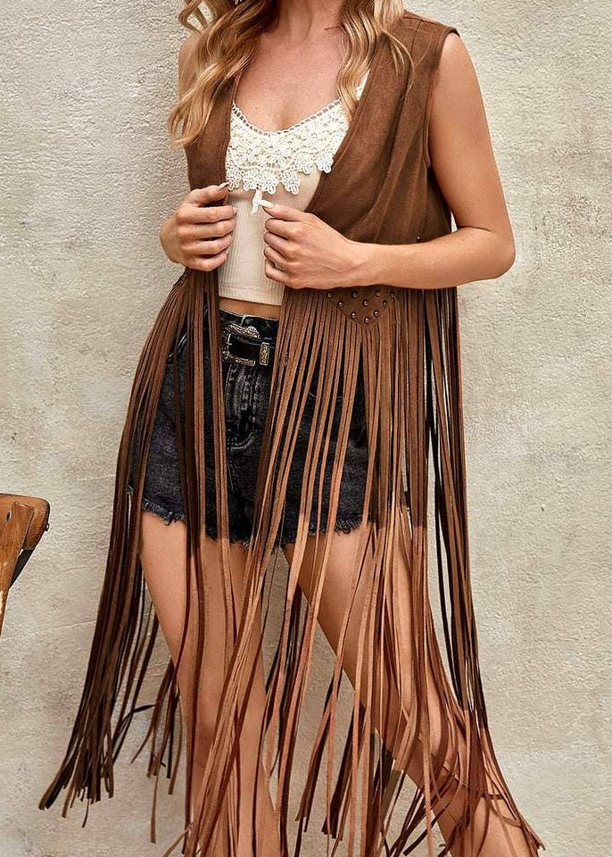 Studded Fringe Hem Vest Coat