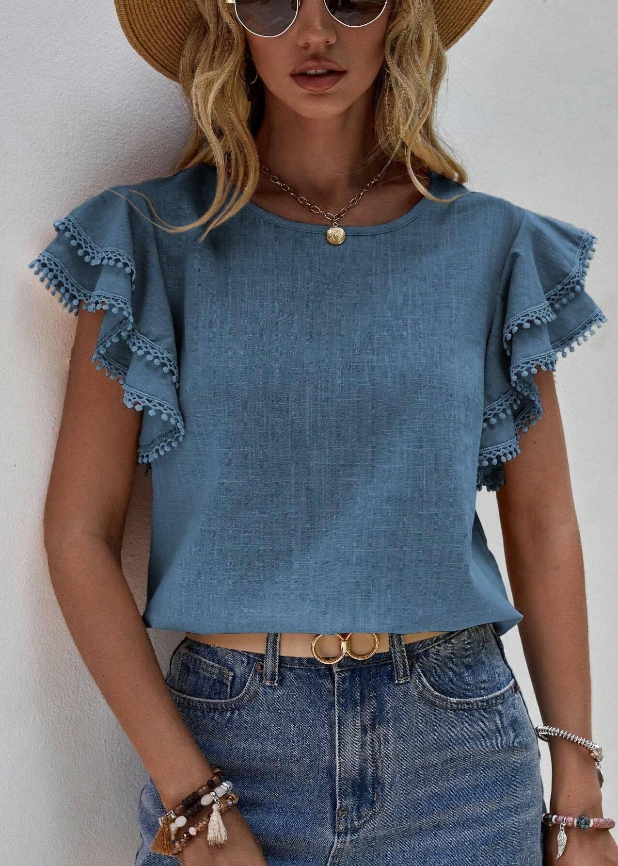 🌊 Sweet Drift: Pom-Pom Ruffle Blouse