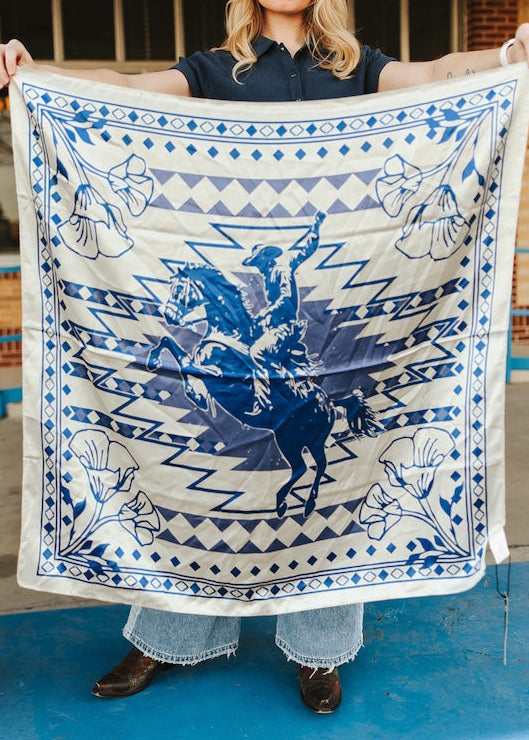 🌀 Blue Bucking Horse Wild Rag – Western Silk Scarf