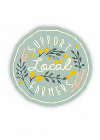 Circular sticker with 'Support Local Farmers' text and floral elements on a light green background