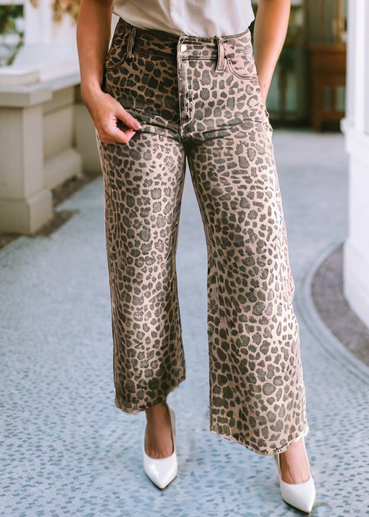 Leopard Frayed Edge Wide Leg High Waist Jeans