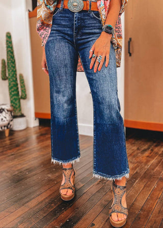 Sail Blue Mineral Wash Raw Hem High Waist Flared Jeans
