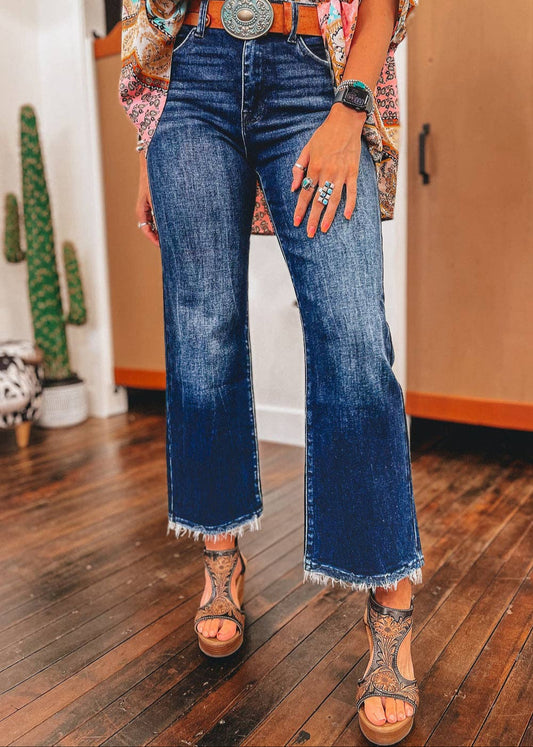 Sail Blue Mineral Wash Raw Hem High Waist Flared Jeans
