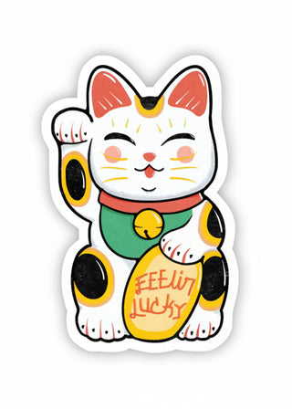Colorful cartoon cat with 'Feelin' Lucky' text on a white background
