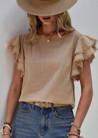 🌊 Sweet Drift: Pom-Pom Ruffle Blouse