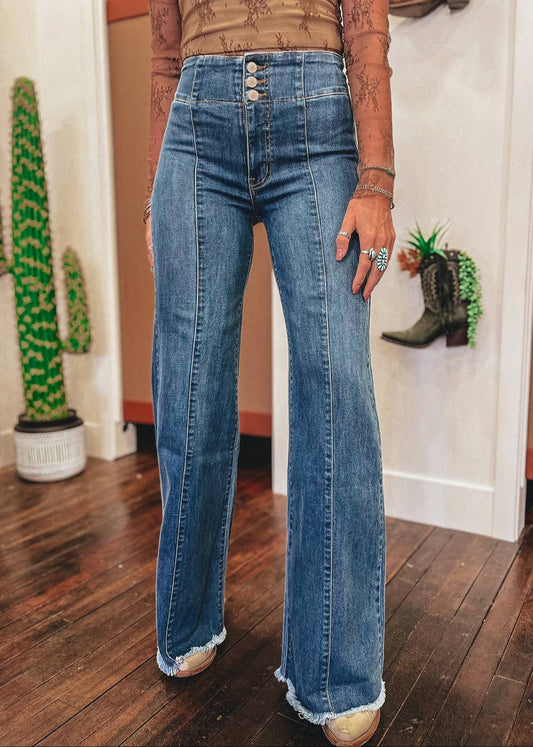 Sail Blue High Waist Button Fly Seamed Raw Hem Flare Jeans