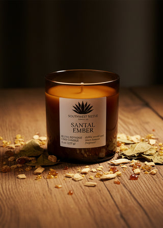 Santal Ember soy candle on a wood table