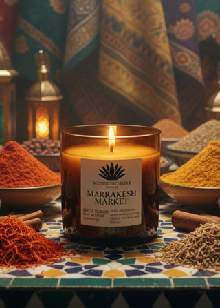 Marrakesh Market soy candle in an amber glass container
