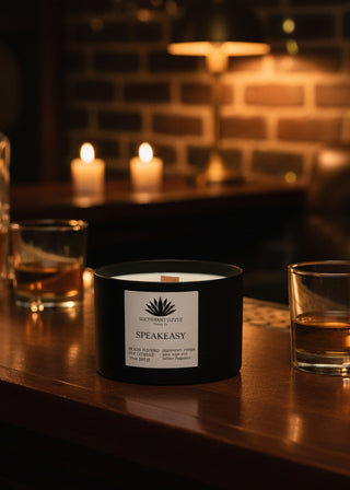 Speakeasy soy candle in a black tin