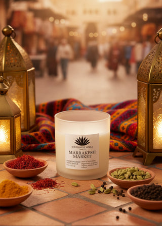 Candle labeled 'Marrakesh Market' in a Marrakesh Market setting