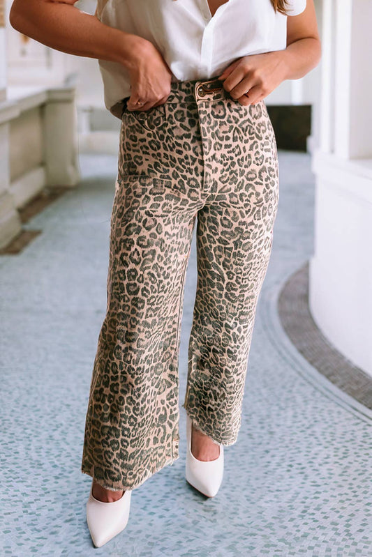 Leopard Frayed Edge Wide Leg High Waist Jeans