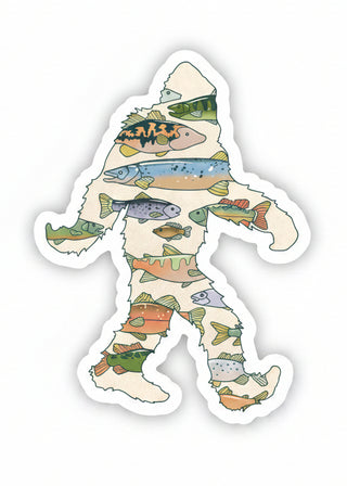 Sticker of a sasquatch with fish pattern on a white background