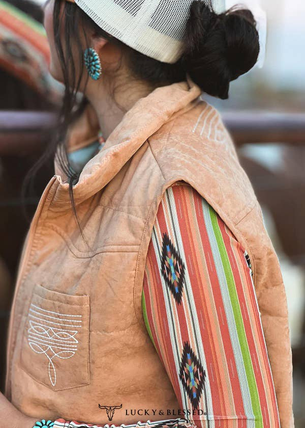 Puffer Vest with Aztec Lining and Boot Stitch Detail