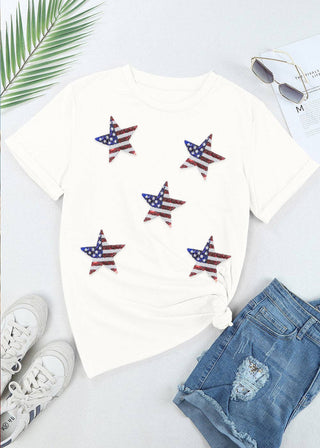 White relaxed‑fit cotton tee with six sequin Americana flag stars