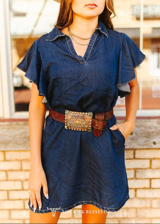 🌵 Dark Wash Ruffle Denim Mini Dress